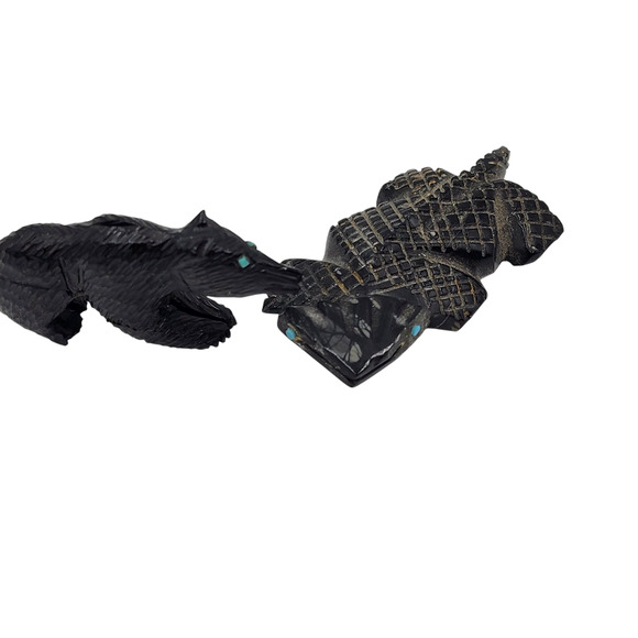 Native American Zuni Hand Carved Bear Alligator Fetishes Black Stone Turquoise - Picture 12 of 14